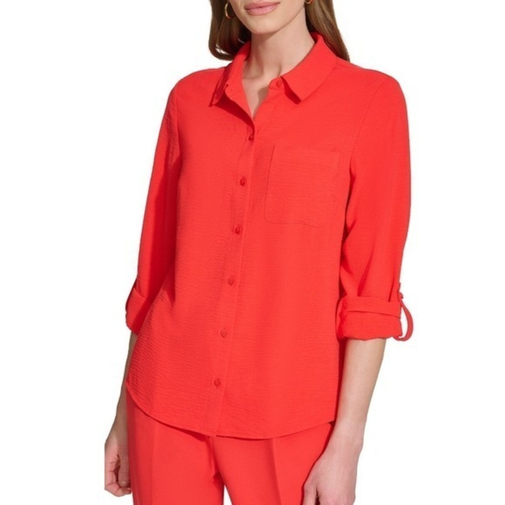 DKNY Red Button Down Roll Tab Sleeve‎ Shirt Career Casual Top